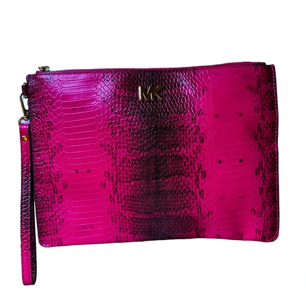 Michael Kors Snakeprint Large Jetset Clutch Fuschia & Black - NWOT